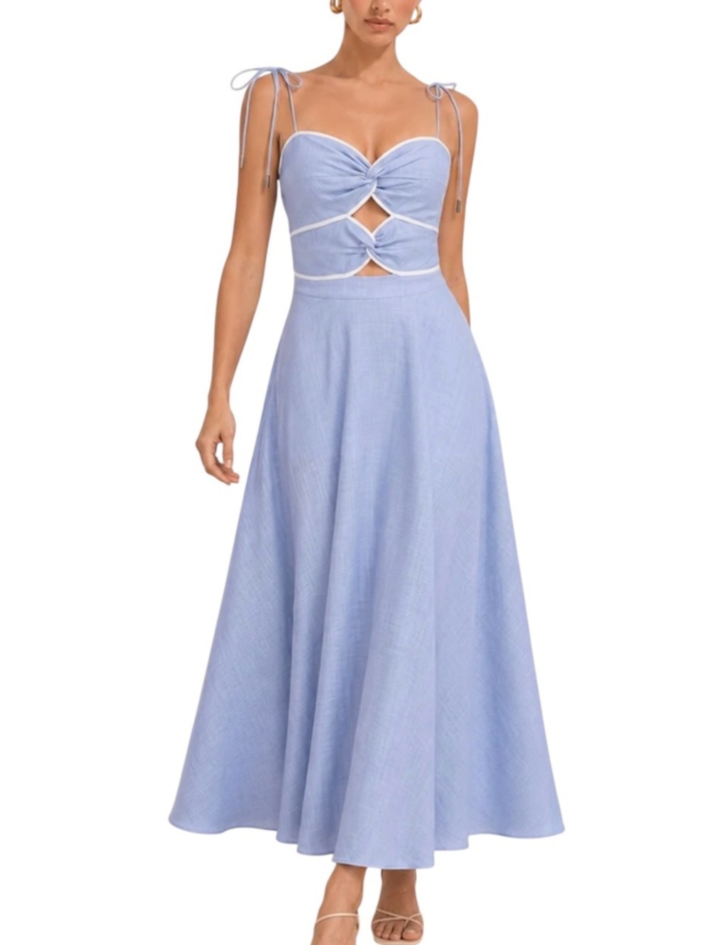 Commense Light Blue Cutout Tie Strap Smocked Back Maxi Dress XS NWT